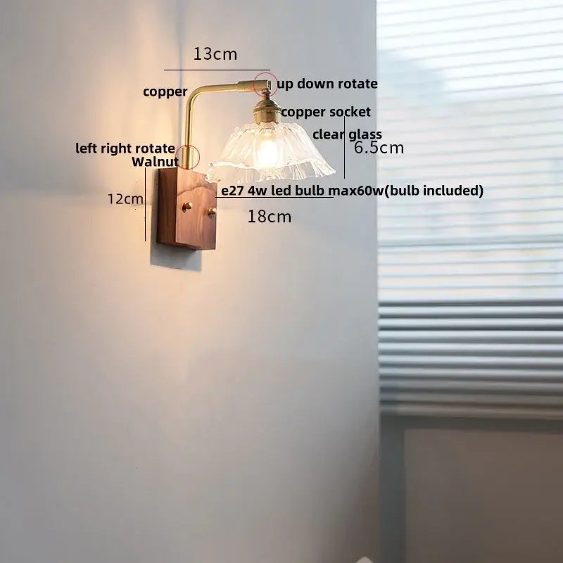 Vintage brass wall light with copper and walnut body and decorbites clear glass shade for bedroom sconce lighting