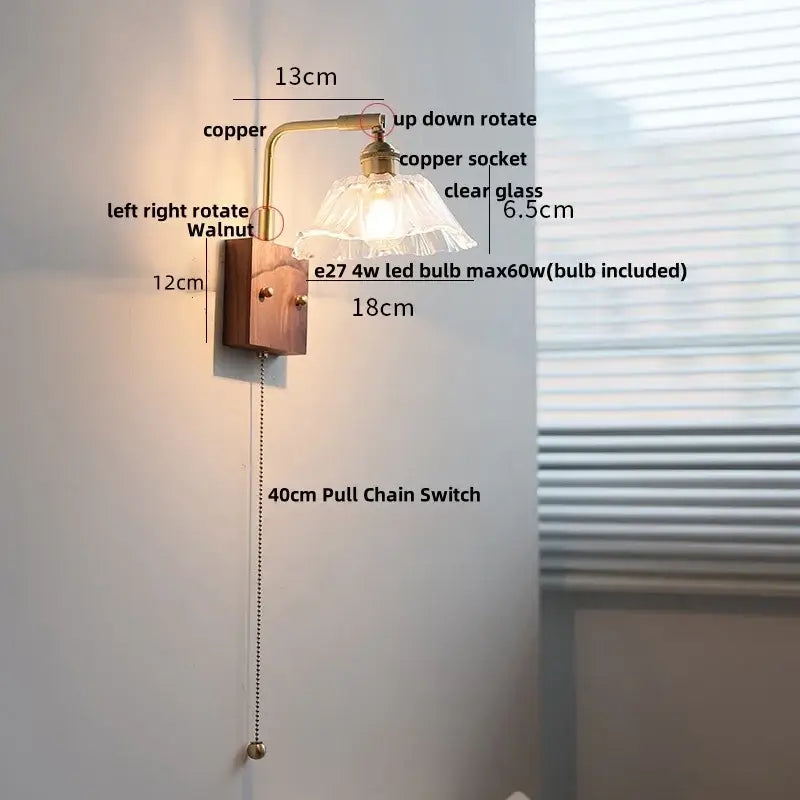 Vintage brass wall light with copper and walnut details and a clear glass shade ideal for bedroom decorbites clear glass