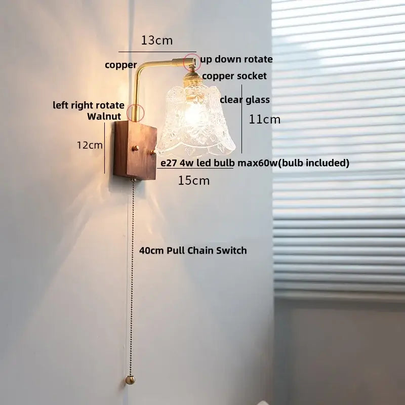 Vintage brass wall light with copper wall sconce clear glass shade and walnut-finished wooden base decorbites clear glass
