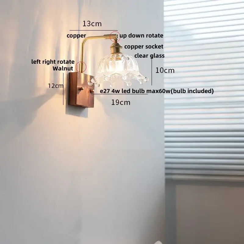 Vintage brass wall light with copper wall sconce clear glass shade and walnut-finished mounting plate decorbites clear glass