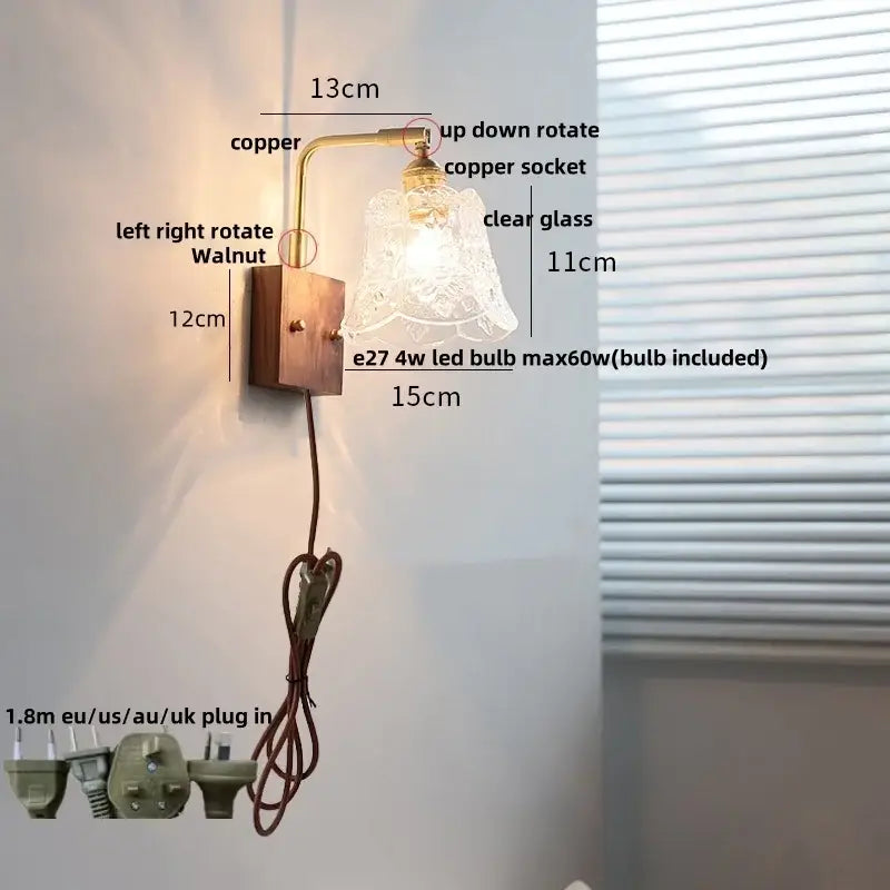 Vintage brass wall light with copper wall sconce, clear glass shade, and walnut-finished mounting plate by decorbites clear glass