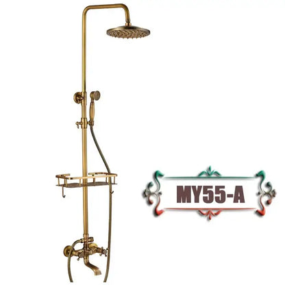 Vintage brass wall mount bathtub faucet with brass finish shower set including round rainhead handheld spray and shelf