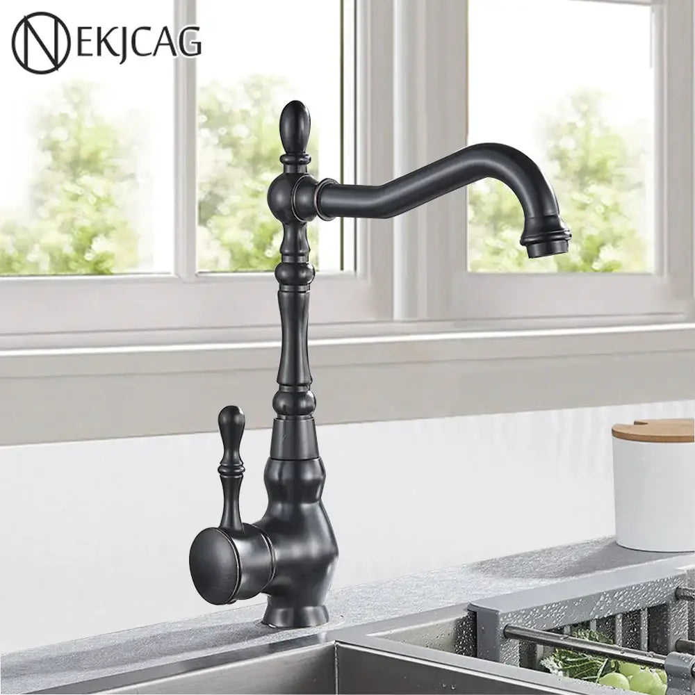 Vintage bronze and black kitchen sink faucet with black matte finish ornate detailing and 360 rotate spout decorbites bronze black kitchen
