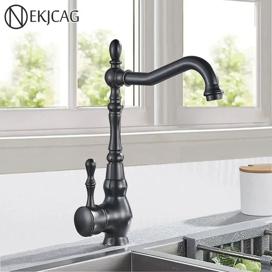 Vintage bronze and black kitchen sink faucet with black matte finish ornate detailing and 360 rotate spout decorbites bronze black kitchen