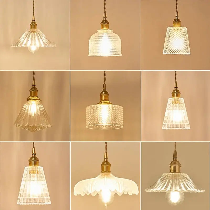Vintage brown and polished chrome glass pendant light with clear etched glass and brass fixtures for dining room