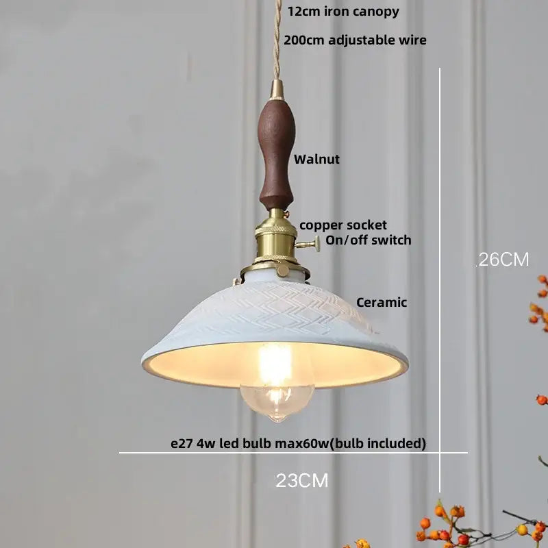 Vintage brown wood ceramic pendant lights featuring walnut iron canopy brass copper socket and embossed white ceramic shade