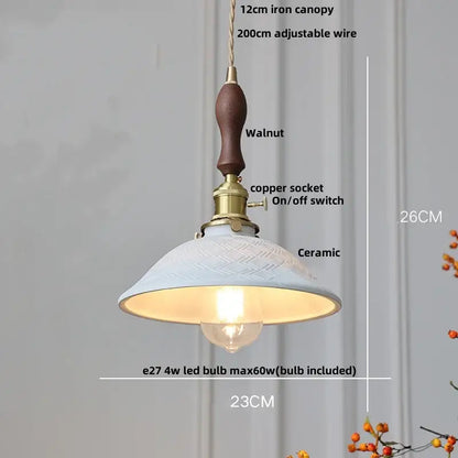 Vintage brown wood ceramic pendant lights featuring walnut iron canopy brass copper socket and embossed white ceramic shade