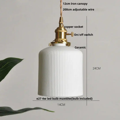 White ceramic pendant lights with vertical ridges and brass copper socket for decorbites brown wood ceramic decor