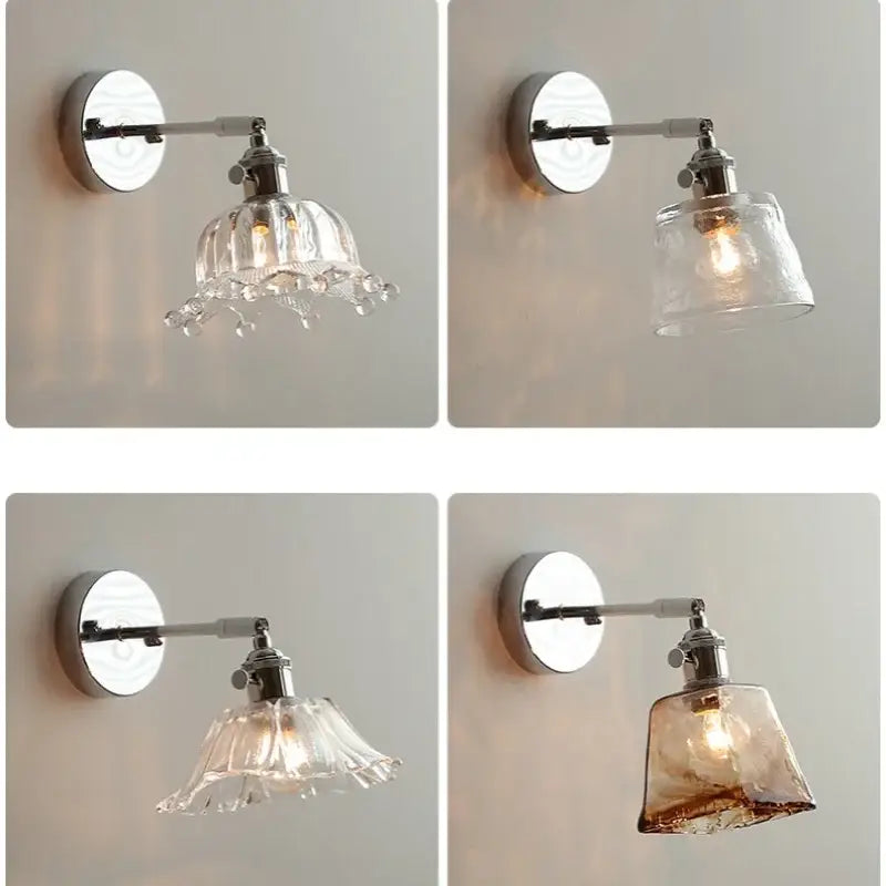 Vintage brushed nickel led wall light with chrome finish and clear textured glass shade in various decorative styles