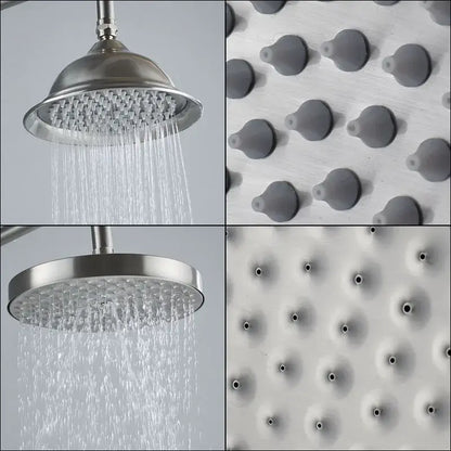 Vintage brushed nickel and white shower mixer faucet with stainless steel handshower featuring multiple spray patterns