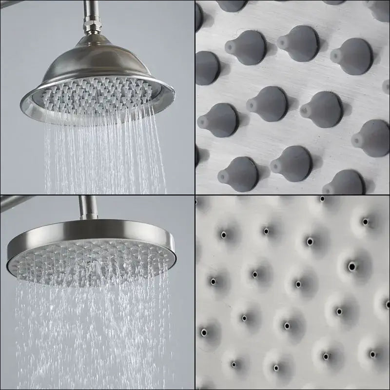 Vintage brushed nickel and white shower mixer faucet with stainless steel handshower featuring multiple spray patterns