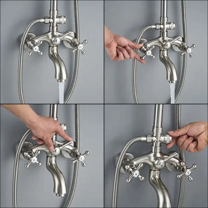Vintage brushed nickel and white stainless steel shower mixer faucet with three cross-shaped handles and flexible hose