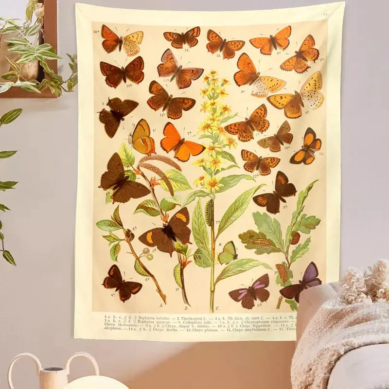 Beige decorbites butterfly botanical tapestry featuring detailed orange brown and purple butterflies around yellow flowers
