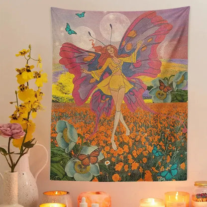 Vintage butterfly girl wall hanging tapestry with vibrant pink and purple wings decorates bedroom decorbites butterfly girl