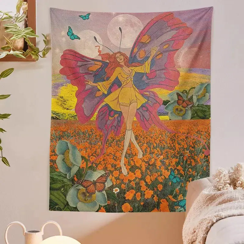 A vibrant vintage butterfly girl wall hanging tapestry with pink purple and orange fairy wings for bedroom decorbites decor