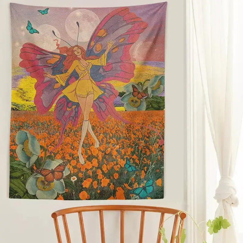 Vintage butterfly girl wall hanging tapestry featuring a fairy with yellow and purple wings surrounded by orange flowers and blue butterflies