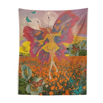 Vintage butterfly girl wall hanging tapestry featuring a pink and orange fairy with butterfly wings for bedroom decorbites butterfly girl decor