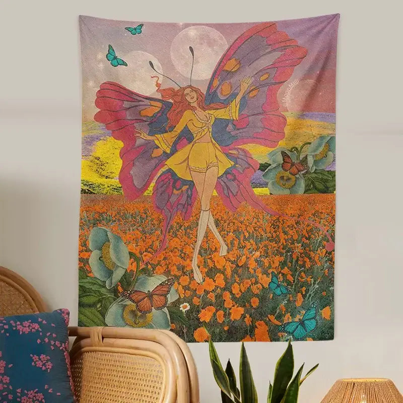 Vintage butterfly girl wall hanging tapestry featuring vibrant butterfly wings with orange poppies on a soft purple sky