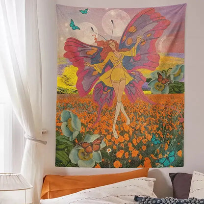 Vintage butterfly girl wall hanging tapestry with pink and purple fairy wings and colorful sunset decorbites butterfly girl