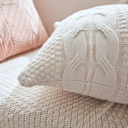 Cream-colored decorbites cable knit double cushion cover with textured surface for vintage bedroom throw pillow decor