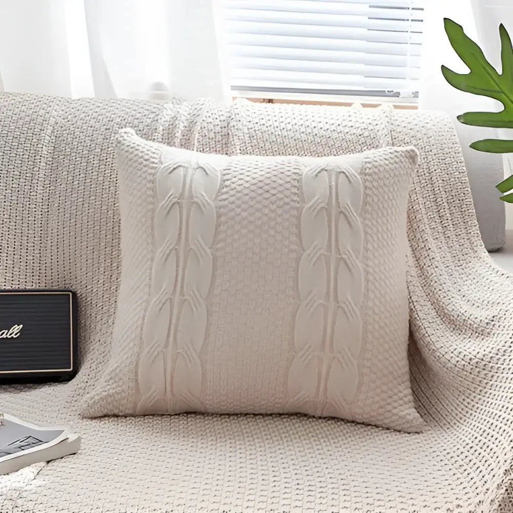 Cream-colored cable knit double cushion cover with textured weave for bedroom decorbites cable knit throw pillows