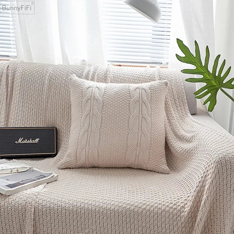 Cream-colored cable knit double cushion cover made from knitted fabric for bedroom decorbites cable knit throw pillows