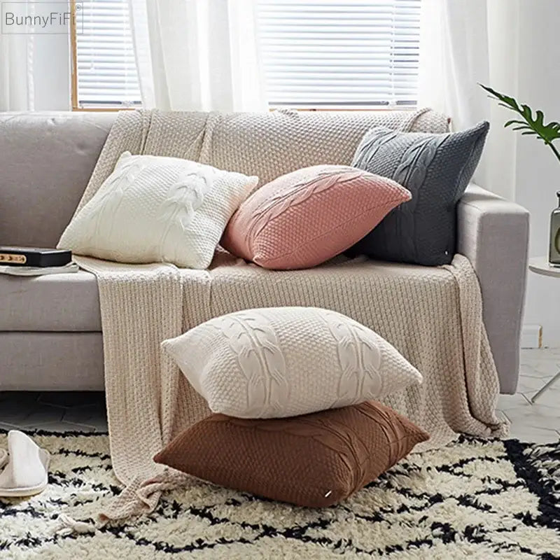 Set of decorbites cable knit double cushion cover throw pillows in cream blush pink charcoal gray and brown for bedroom decor