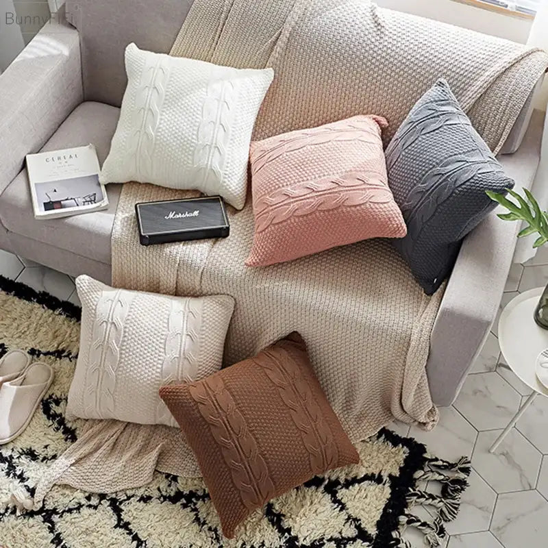 Set of vintage decorbites cable knit double cushion covers in cream blush pink slate gray and warm brown tones