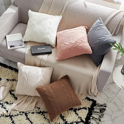 Set of vintage decorbites cable knit double cushion covers in cream blush pink slate gray and warm brown tones