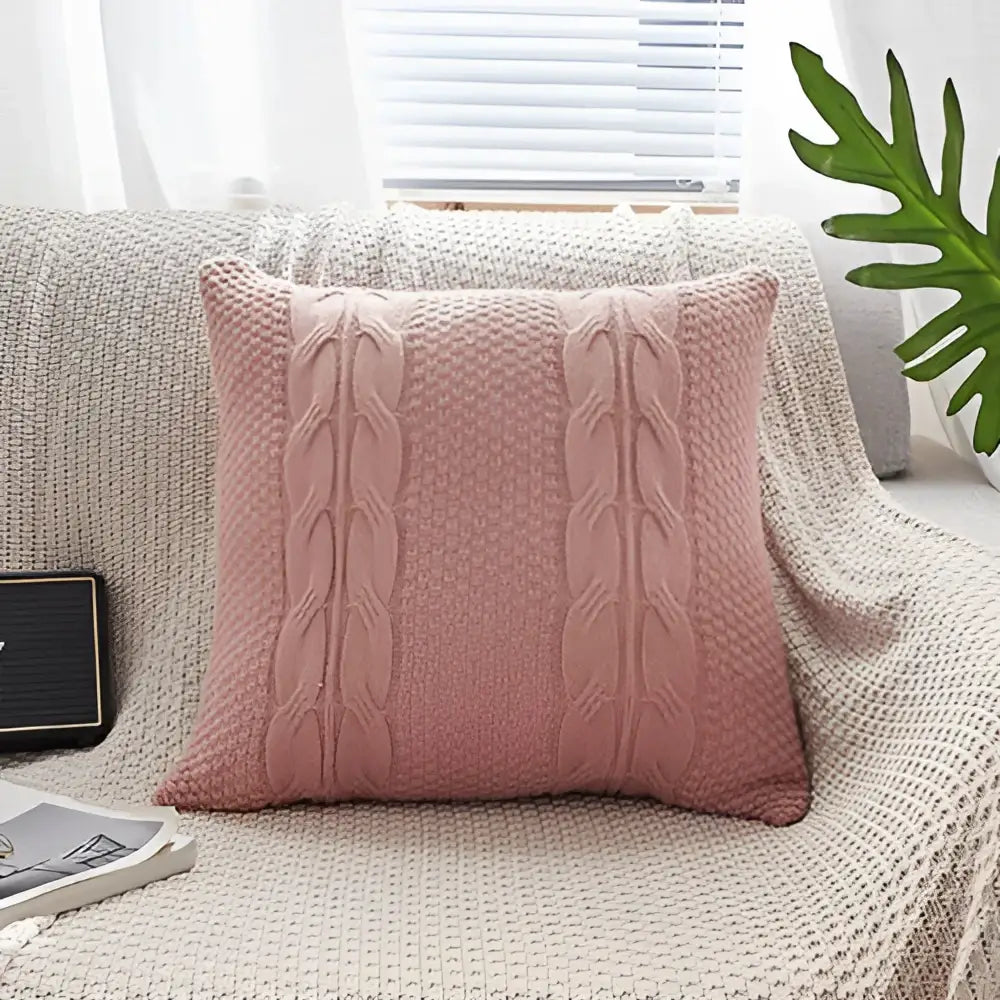 A soft pink decorbites cable knit double cushion cover with a textured vintage cable knit pattern for bedroom decor
