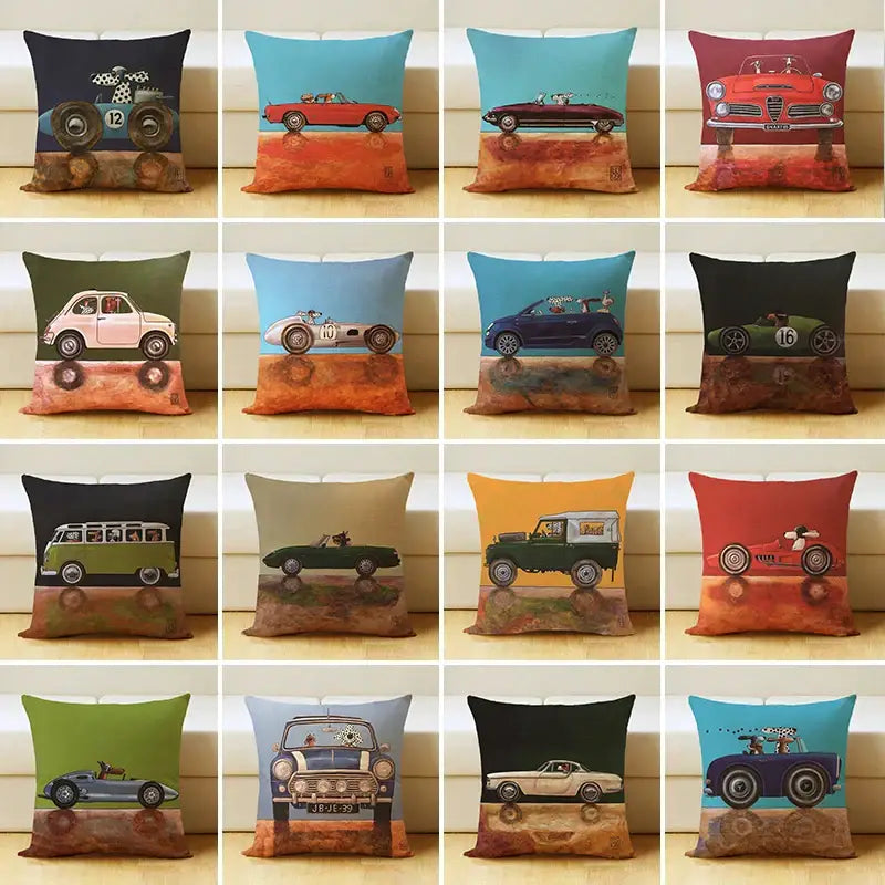 A collection of earth-toned linen pillow covers featuring vibrant decorbites cartoon dog car illustrations for living room decor