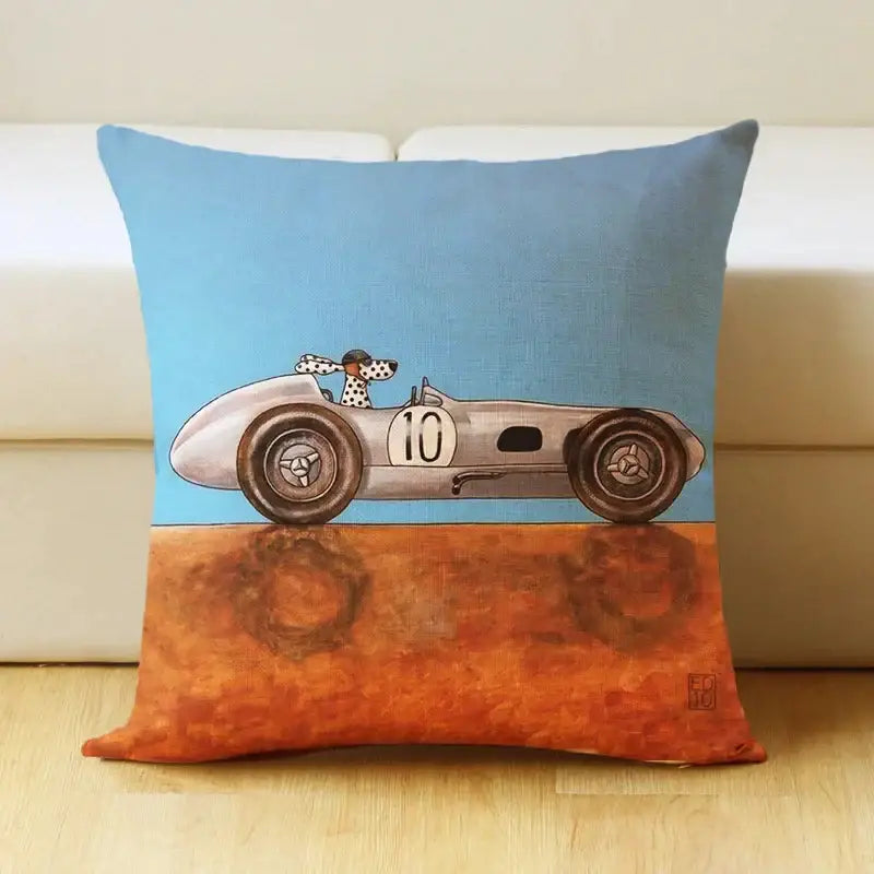 Blue and orange linen pillow cover featuring a vintage cartoon dog car with a dalmatian driver for living room decorbites decorbites cartoon dog pillow cover vintage cartoon dog car