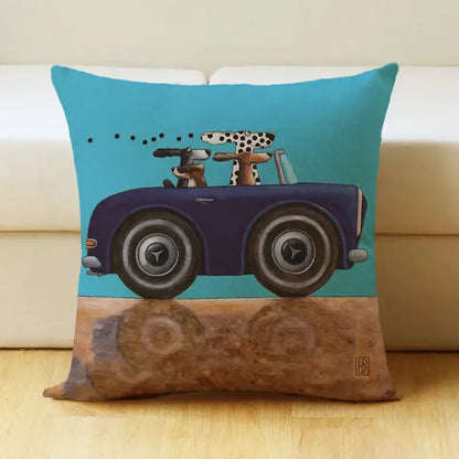 Blue pillow cover featuring a vintage cartoon dog car illustration for living room decorbites linen decor
