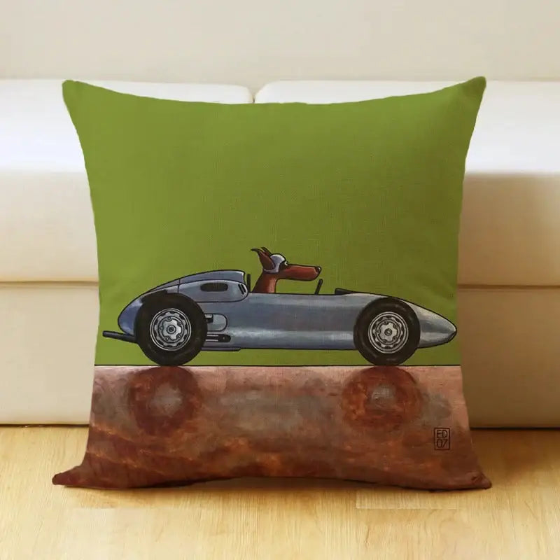 Green pillow cover with decorbites cartoon dog car featuring a silver race car and brown dog on rusted surface decor
