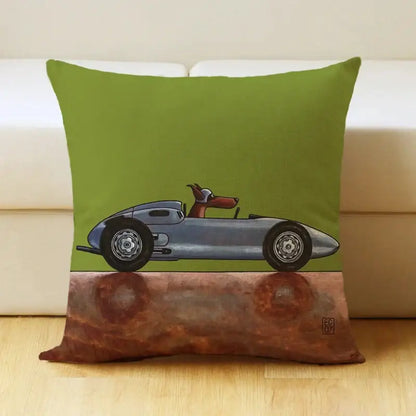 Green pillow cover with decorbites cartoon dog car featuring a silver race car and brown dog on rusted surface decor