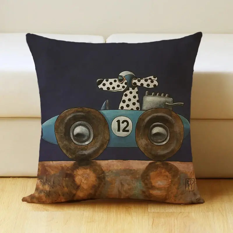 Navy blue linen pillow cover featuring a decorbites cartoon dog car design with dalmatian in racing car number 12 for living room decor
