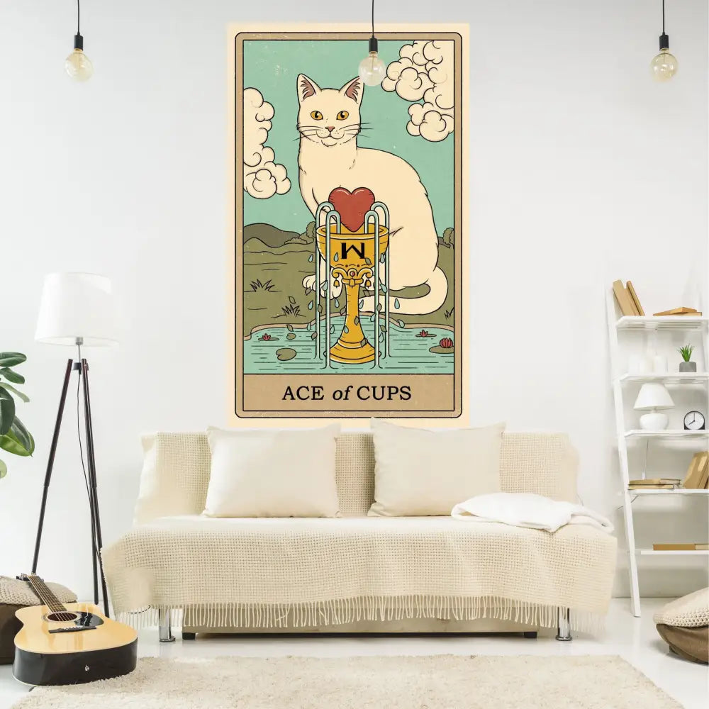 Beige illustrated wall hanging decorbites cat tapestry featuring ace of cups tarot card with white cat and golden chalice heart
