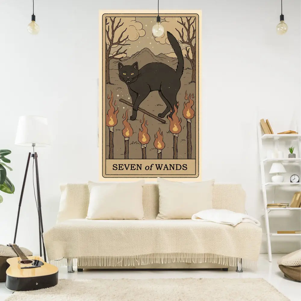 Vintage cat tapestry wall hanging featuring a black cat on flaming torches in a seven of wands tarot decorbites design