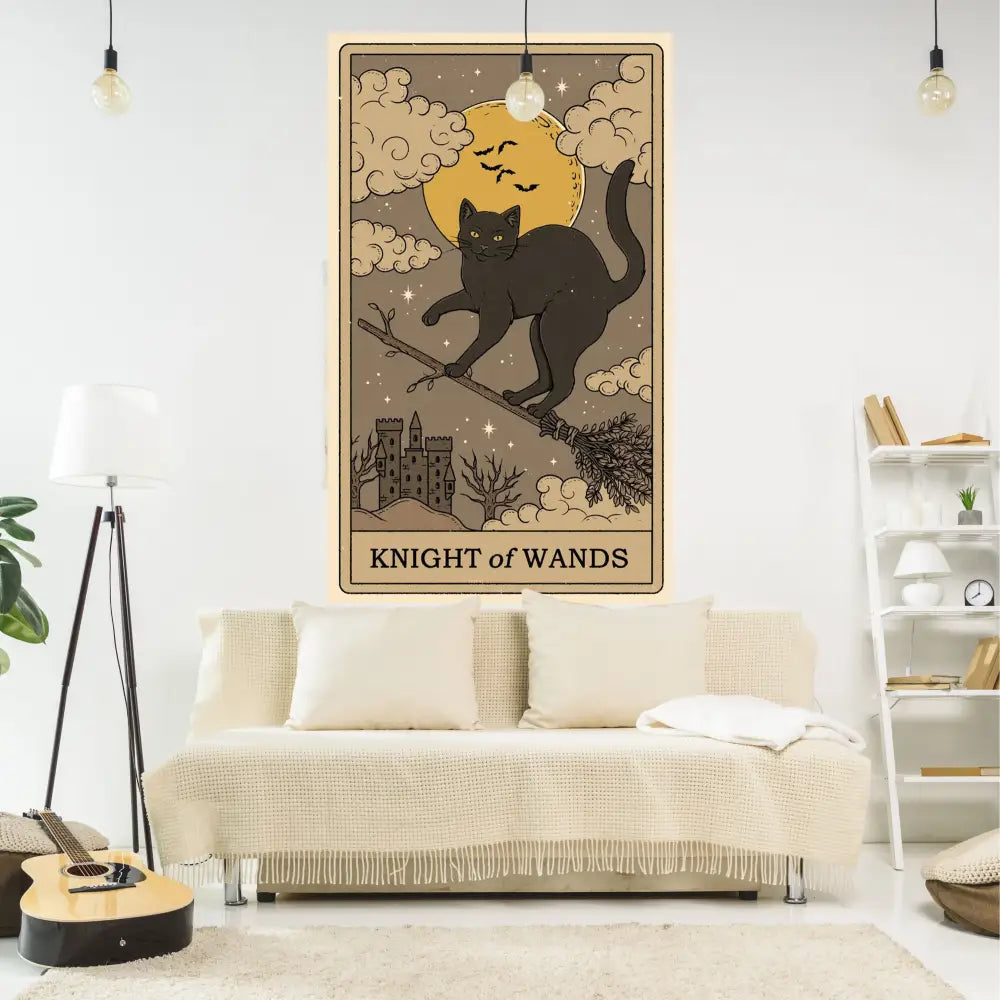 Vintage-style black cat tapestry wall hanging with knight of wands design for bedroom decorbites cat tapestry decor