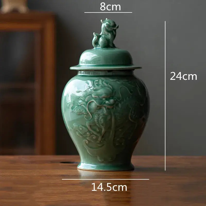 Vintage celadon green ceramic tea caddy with dragon relief carvings and a matching lid storage jar for kitchen use
