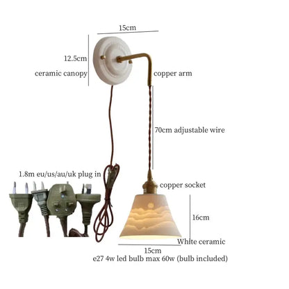Vintage white ceramic and brass wall sconce with copper arm and adjustable wire for decorbites adjustable led lighting