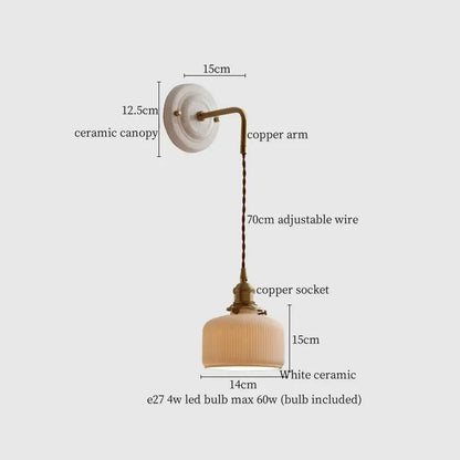 Vintage ceramic and brass wall sconce with adjustable led white ceramic shade and copper arm by decorbites adjustable led