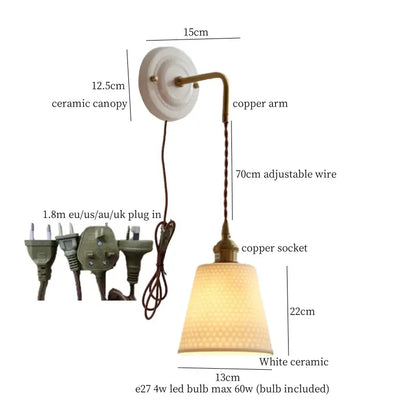 White ceramic and brass wall sconce with adjustable led textured shade and 70cm wire by decorbites adjustable led