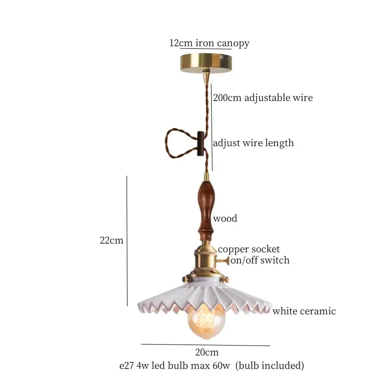 Vintage ceramic led pendant light with brass finish featuring iron canopy, wooden handle, copper socket, and white ceramic shade