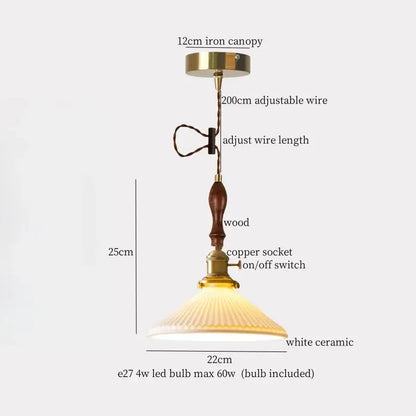 Vintage ceramic led pendant light with brass iron canopy, wooden handle, copper socket, and white ceramic shade for kitchen decorbites ceramic led pendant