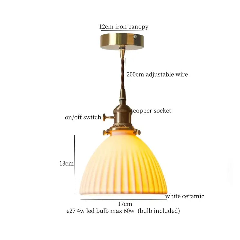 Vintage ceramic led pendant light with white ridged shade and adjustable copper socket for kitchen decorbites ceramic led