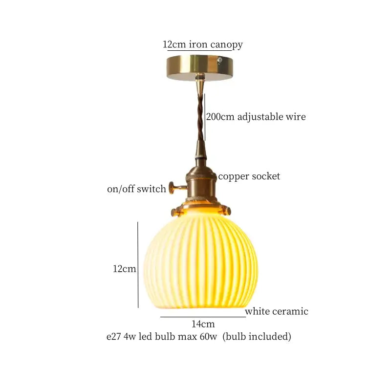 Warm yellow ribbed white ceramic led pendant light with brass finish and copper socket for kitchen decorbites ceramic led decor