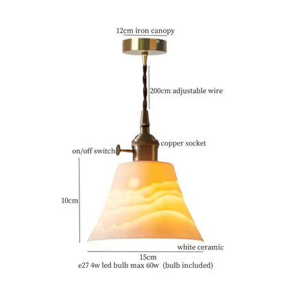 Vintage ceramic led pendant light with warm white sunrise design, adjustable copper socket, and brass finish canopy