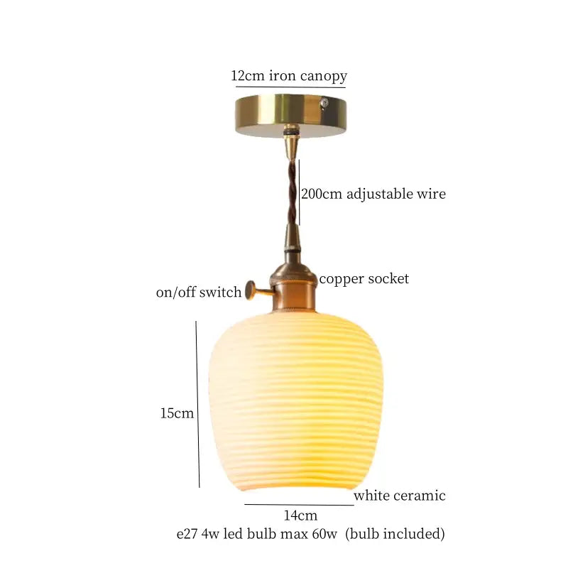 Warm softly glowing white ceramic led pendant light with ribbed texture and brass finish for kitchen decorbites ceramic led