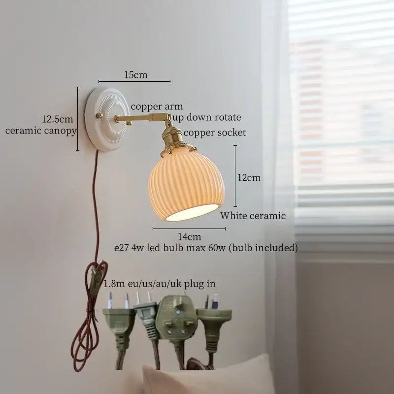 White ceramic led wall lamp with ribbed glass shade and brass copper arm for bedroom decorbites ceramic led sconce